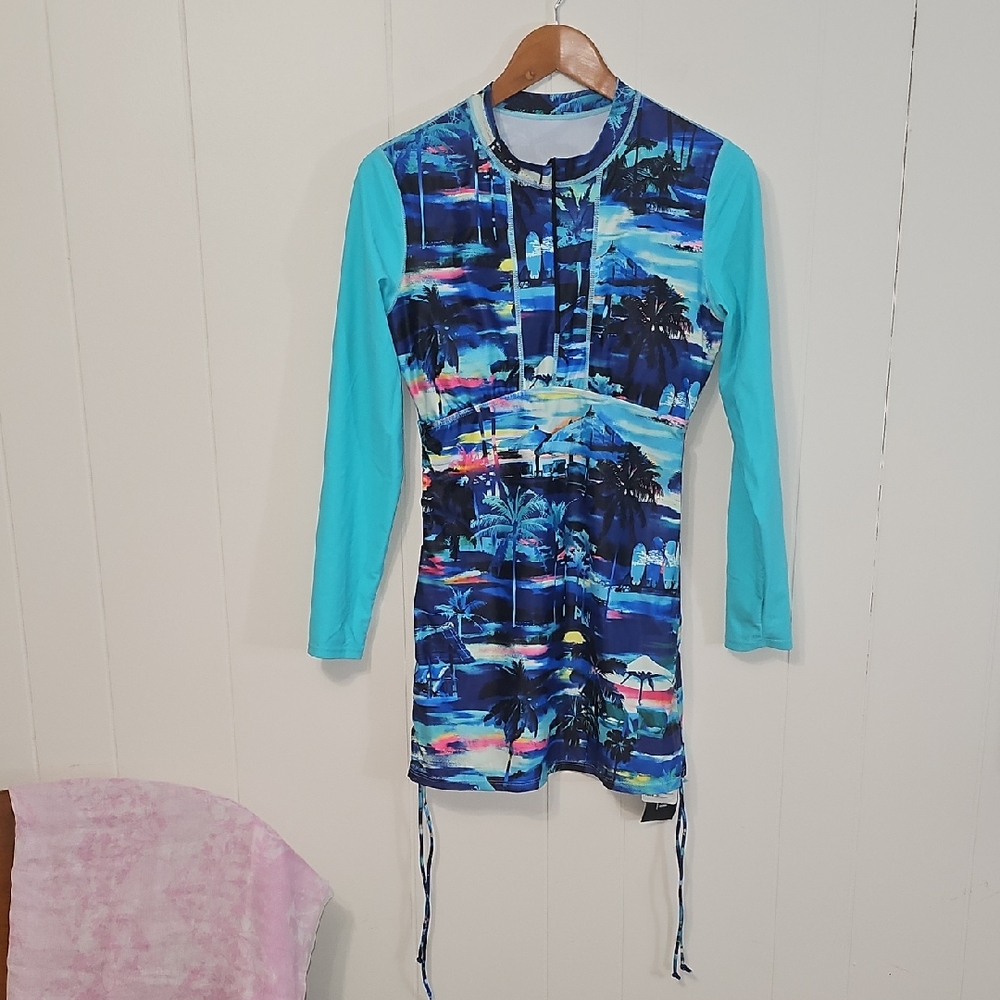Daci Blue Tropical Long Sleeve Rash Dress Womens M Beach Resortwear Vacation NWT